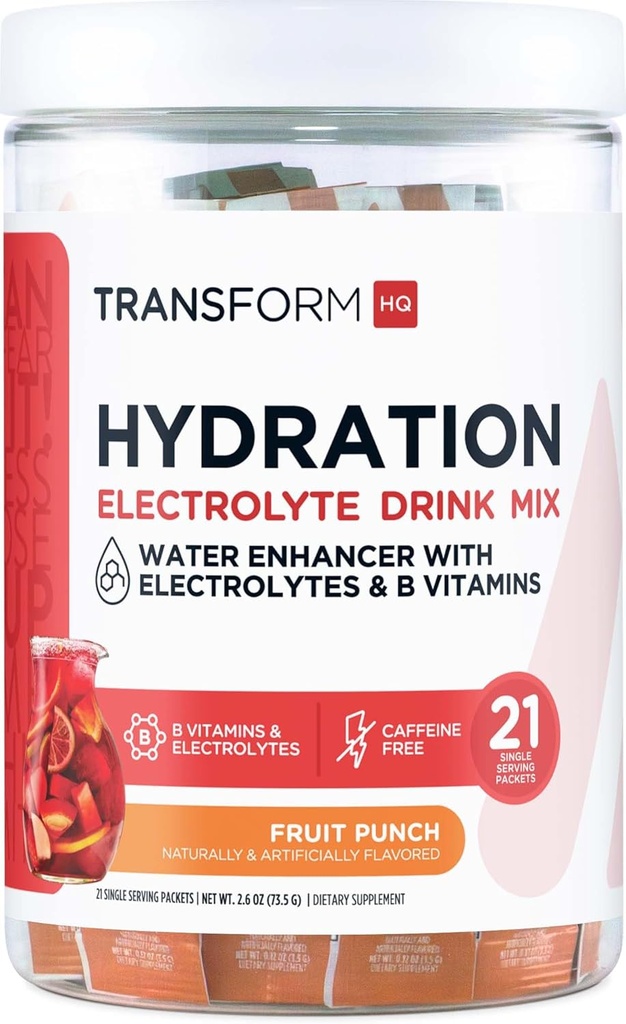TransformHQ Hydration Drink Mix (21 jednorazowych zestawów do podawania, owocowy Punch) - Mieszanka suplementu do nawadniania z witaminami i elektrolitami