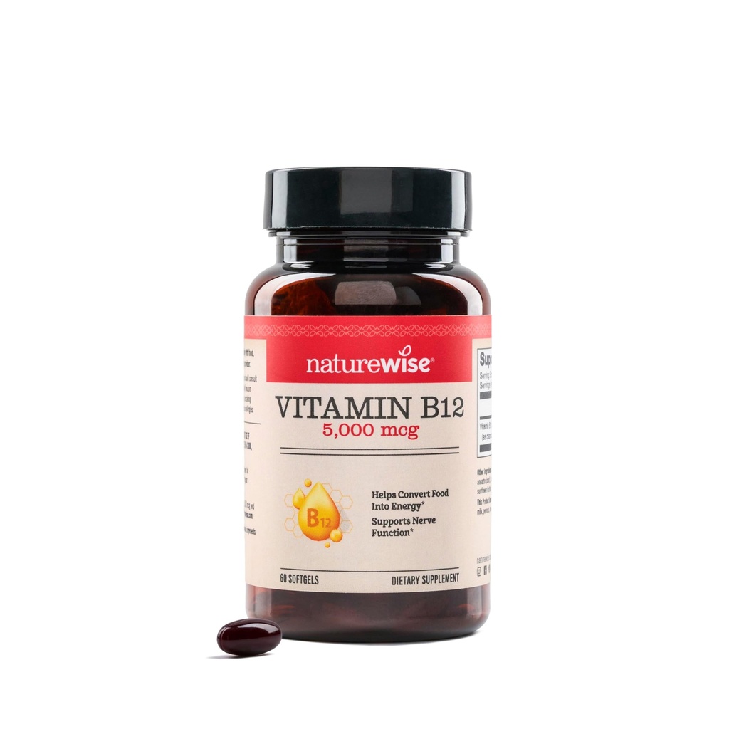 NatureWise Witamina B12 5000 µg - Dodatkowa wytrzymałość - Suplement do wspierania poziomów energii, Jasność mentalna, Zdrowie układu nerwowego - Easy- to- Połknięcie, Soi i Gluten- Free, Non - GMO - 60 Softgels