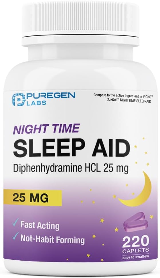 Puregen Labs Sleep Aid Caplets, Difenhydramine HCl 25mg - 220 Hrabia 124; Wspiera głębszy, Resteful Sleeping, Non Habit- Forming Bird124; Made in USA