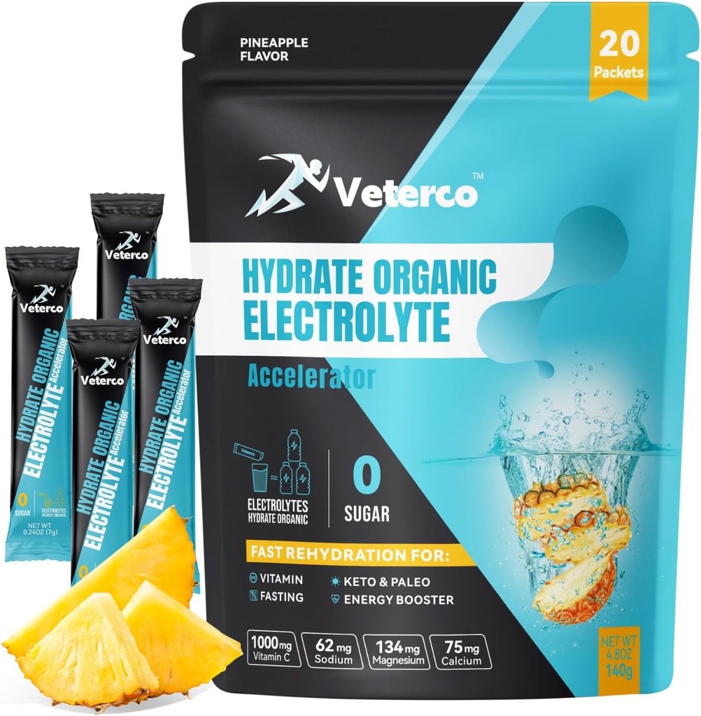 Proszek elektrolitowy do nawadniania, Napoje elektrolityczne, Napoje uzupełniające nawodnienie, Pakiety nawadniające z witaminą i minerałem, Keto Friendly, Wegan, Nie-GMO, Brak cukru, Smak ananasowy (20 Sticks)