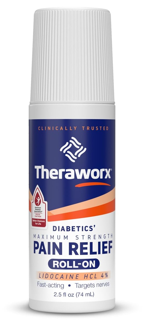 Theraworx Maksymalna siła Diabetyka "Ból Relief Roll- On z Lidokainą - 2.5 oz - 1 Hrabia