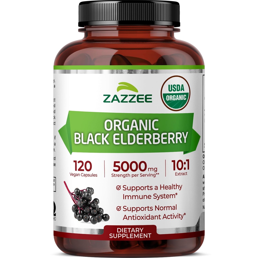 Zazzee USDA Organic Black Elderberry 10: 1 Extract, 5000 mg Siła, 120 Kapsułki Vegan, 2 Miesiąc dostaw, Standaryzowane, Skoncentrowane 10X Extract, 100% Wegetarian, All- Natural, Non-GMO, Made in USA