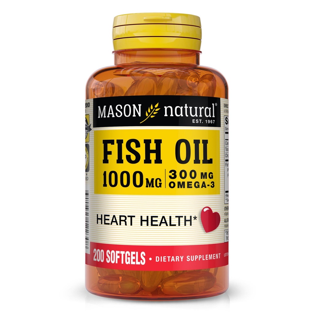 MASON NATURAL Omega, 3 olej rybny, 200, Day Supply, 1000mg z EPA i DHA dla wspólnego wsparcia, Pigułki Softgel