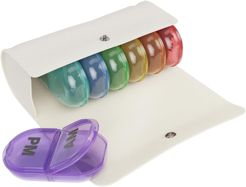 EZY DASE Cotygodniowy (7- Day) AM / PM Pill Case, Planer lekarski, Organizator witaminy, Pop- Out Komory, 2 razy dziennie, Rainbow Lids, Zawiera walizkę śmietanki, BPA Free