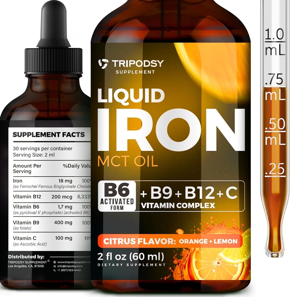 Płynny suplement żelaza dla kobiet i mężczyzn - Żelazo krople z B6, B9, B12, Witamina C dla niedokrwistości, Blood Builder, Folate for Red Blood Cell and Immune Support MCT Oil (2 FL OZ, Cirtruc)