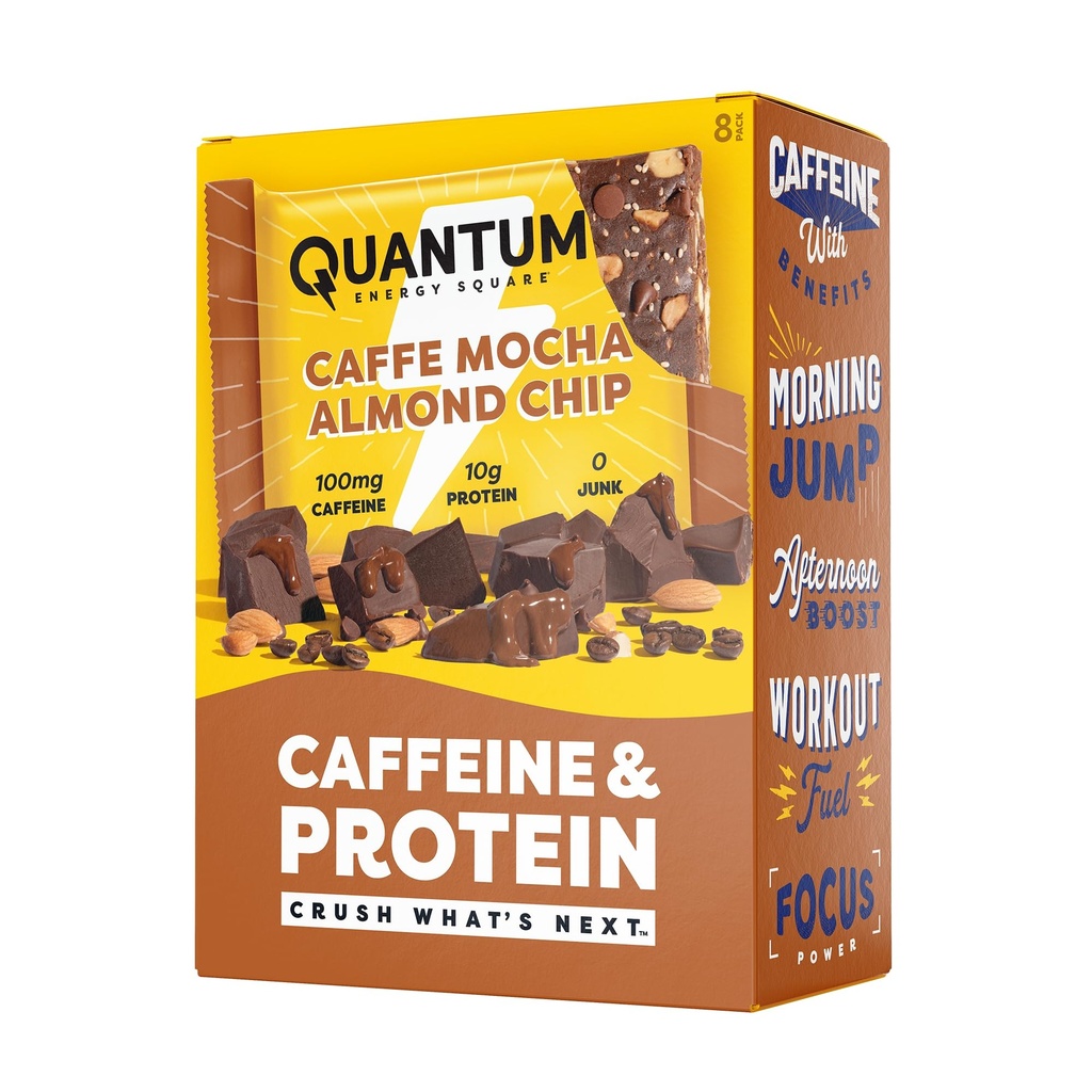 Quantum Energy Square: Energy Bar z kofeiną & 10 g białka. Delicious Healthy Snack On The Go. (Wegan, Gluten- free, Soy- free, Dairy- free) (Caffe Mocha Almond Chip)