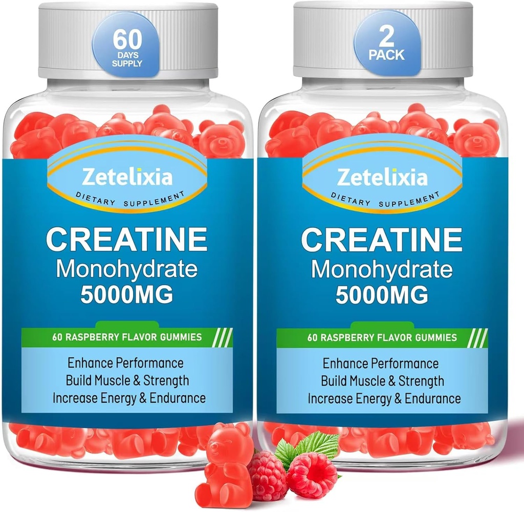 2 Pack Kreatywnych jednowodnych gumek, Monowodny Kreatywny dla mężczyzn i kobiet, Wzmocniona formuła z BCAA, Witamina B12, Tauryna, Wsparcie mięśni, Energy Boost, Bez cukru, Wegan, 120 Hrabia