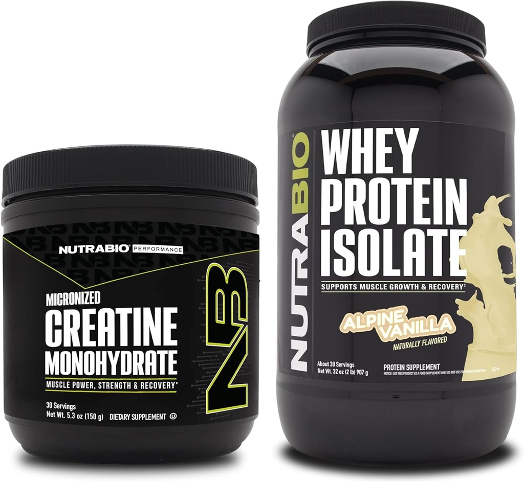 Monowodzian NutraBio Creatine, izolacja nieflaworyczna, 150g i białko serwatki, wanilia alpejska, suplement Paleta - energia mięśniowa, wzrost mięśni, odzysk i siła