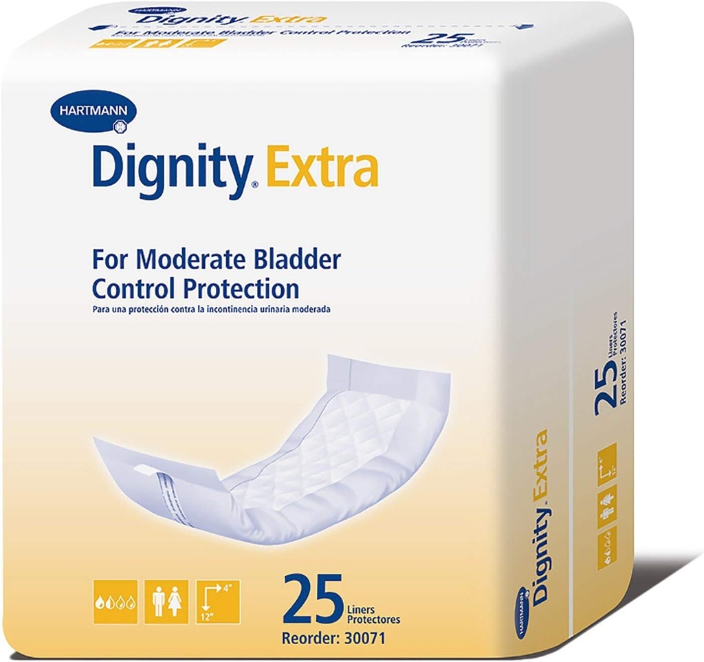 Dignity Extra Incontinence Liner dla mężczyzn i kobiet - Bladder Leak Pads, umiarkowany Absorbencja - jeden rozmiar pasuje większość, 4 w x 12 w, 25 Hrabia, 1 Pack
