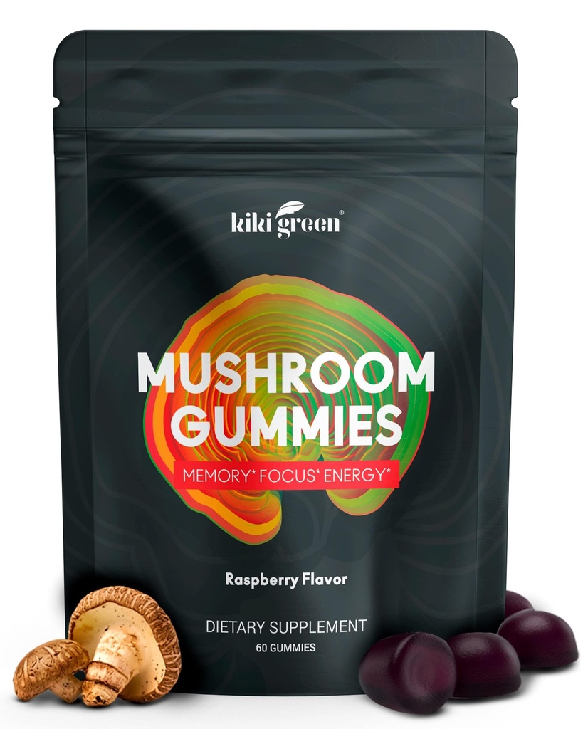 KIKI Zielony Gummies Grzyb z grzybą Lwa i 9 Adaptogen Superfoods Blend - Chaga, Red Reishi, Cordyceps, Shiitake, Czarny Grzyb 124; 60 Count, 10: 1 Extract