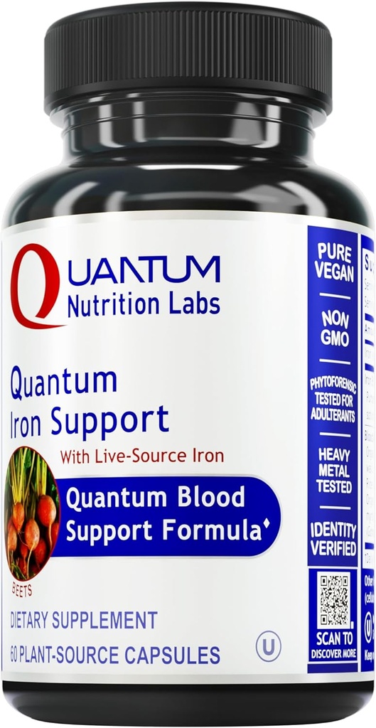 Quantum Nutrition Labs Żelazo Wsparcie - Żelazo Suplement dla Kobiet i Mężczyzn, Żelazo suplementy wegańskie, Niskie dawki Delikatny Żelazo, Naturalnie zakosztowane do wsparcia zdrowej krwi - 60 Kapsułki wegetariańskie