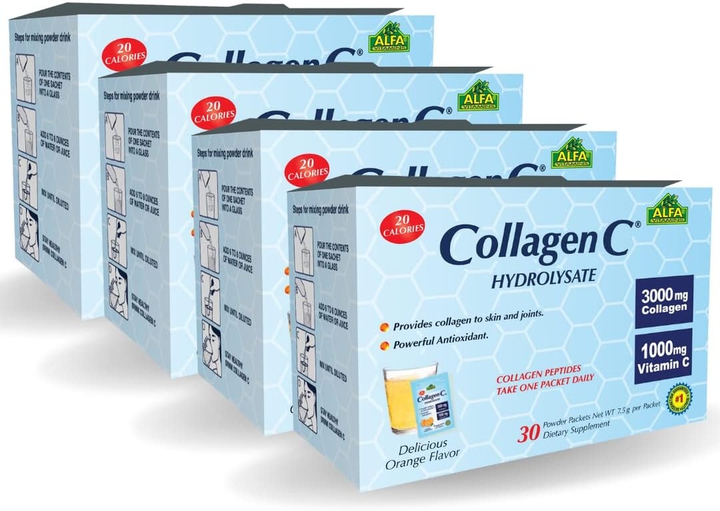 ALFA VITAMINS Collagen C Peptides Hydrolysate Powder Supplement, Vitamin C 1000mg, Gluten Free Hydrolyzed Collagen for Skin, Hair, Nails, Joint & Bone Support, Antioxidant, 30 Sachets per Box, 4 Pack