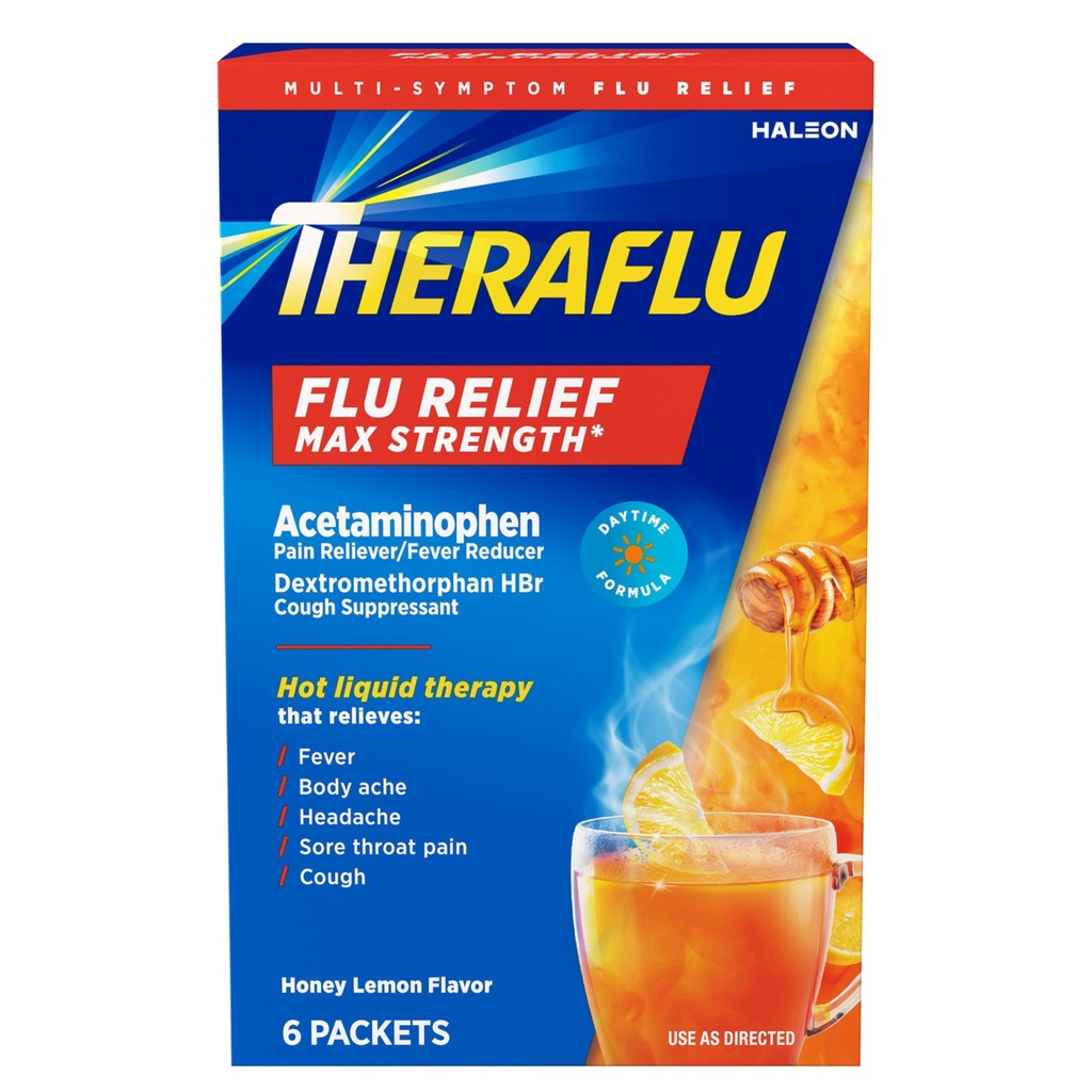 Theraflu Max Siła Daytime Flu Medycyna dla Flu Symptom Relief z Acetaminofen i Dekstrometorfan HBr, Honey Lemon Flavored - 6 Puder Pakiety