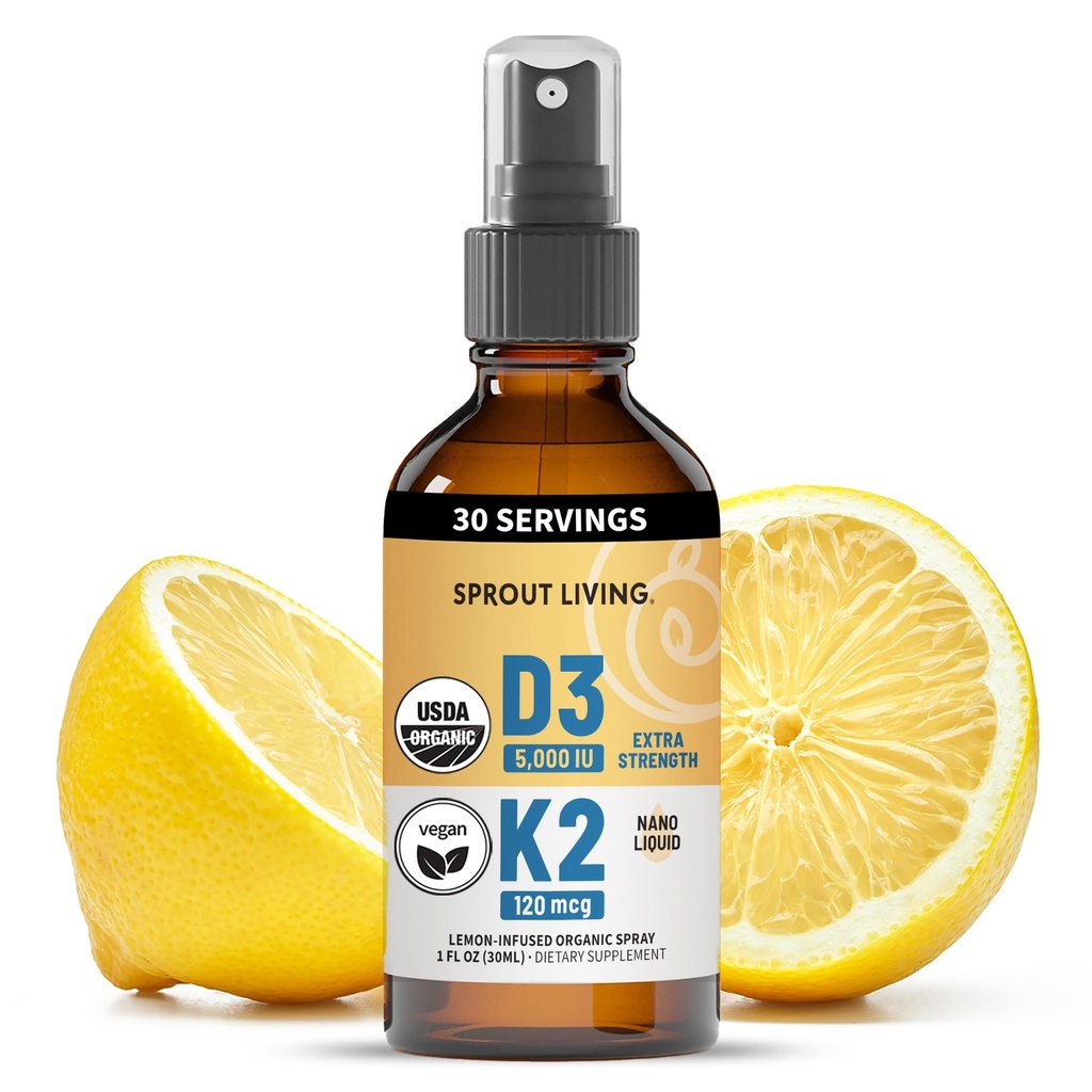 Witamina organiczna D3 5000 j.m. (Lichen) + K2 120 µg (Fermented Chickpea), immunologiczna, Bone & Heart Health z absorpcją wapnia 124; Minerały śladowe, Lemon & Citrus, Sugar Free, Spray (1 FL OZ, 30 Servings)