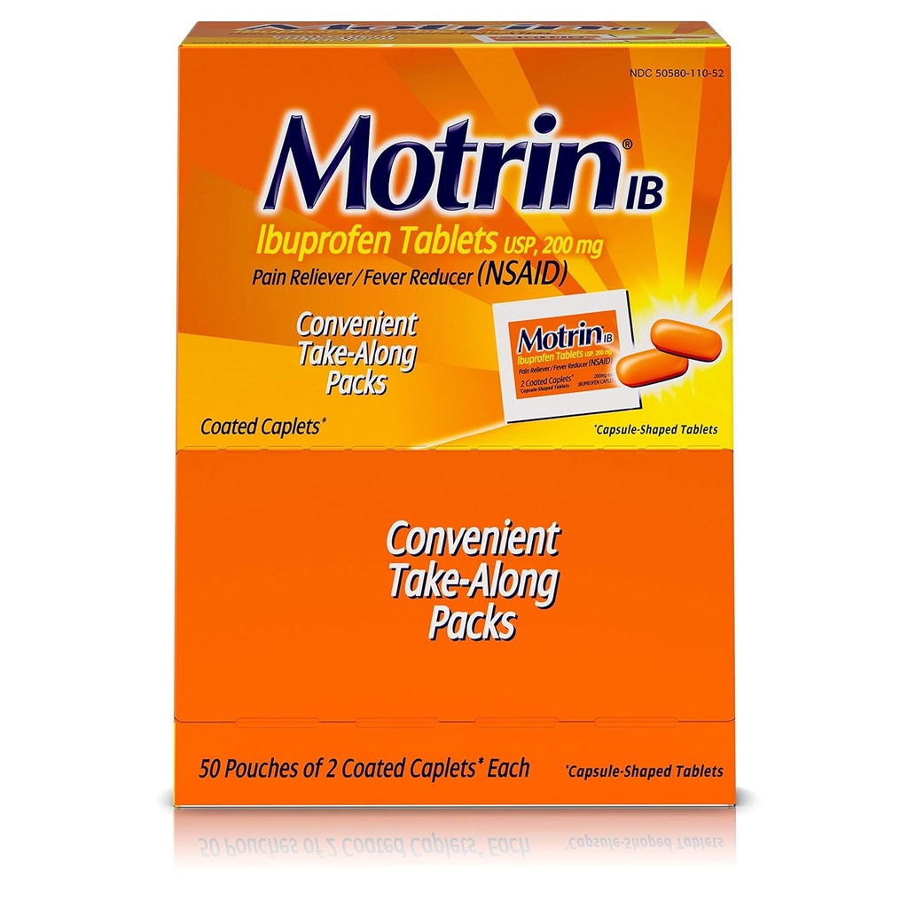 Motrin IB - Ibuprofen Tablets, dwie tabletki na opakowanie, 50 opakowań razem, jedno pudełko