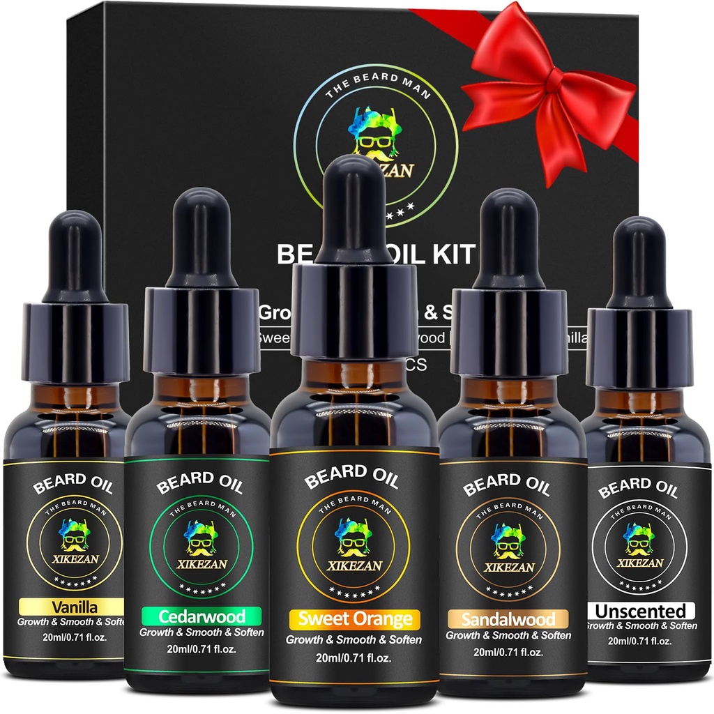 XIKEZAN 5 Pack Beard Oil Set w / Sandalwood, Pomarańcza, Wanilia, Cedarwood, Niepachnące dla Beard Care, Nawilżanie, Soften, Prezenty urodzinowe dla mężczyzn On Tata Prezenty świąteczne Prezenty Stocking Stufers