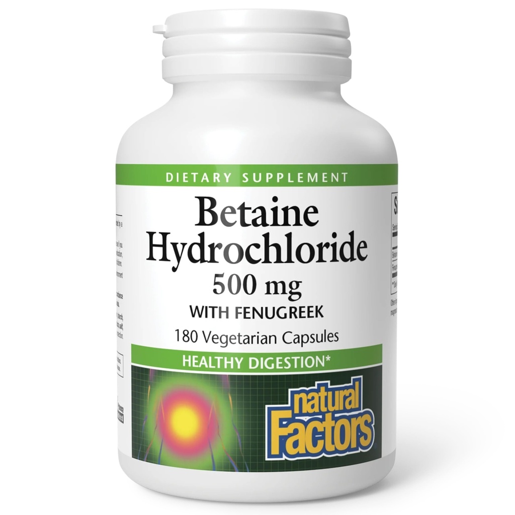 Czynniki naturalne, Betaine HCL 500 mg, Wspiera zdrową trawienie i zdrowy mikrobiom, 180 kapsułek (180 porcji)