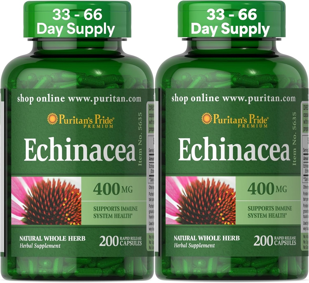 Puritan Pride Premium Echinacea Natural Whole Herb Herb Suplement 400mg, Suplement diety dla zdrowia, Wsparcie systemu immunologicznego, 200 Kapsułki szybkiego uwalniania, 2 opakowania