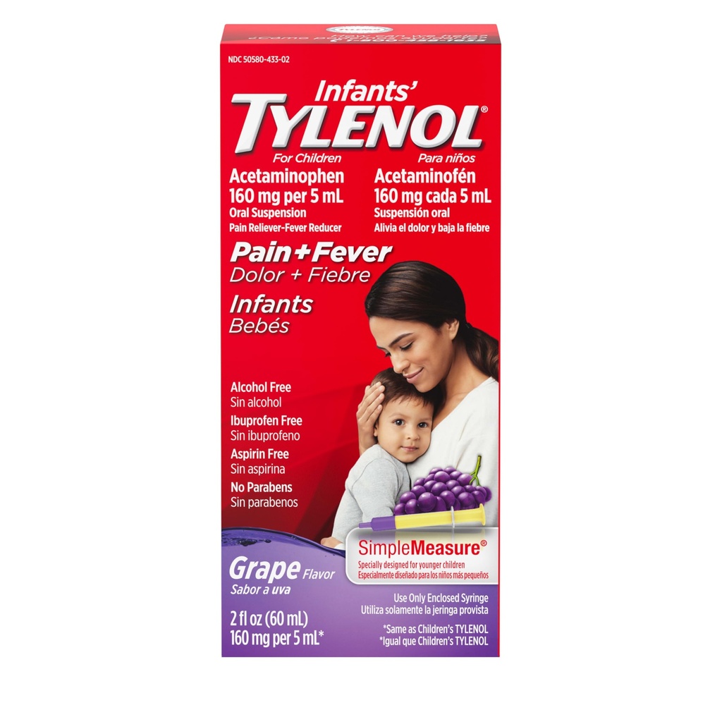 Leki przeciwbólowe Tylenol Liquid Pain Relief & Fever, Zawiesina doustna, Acetaminofen na ból gardła, ból głowy i Teething, Reliever Pain & Fever Reducer dla dzieci; Flavor winogronowy, 2 fl. oz.; Opakowanie zawierające 1