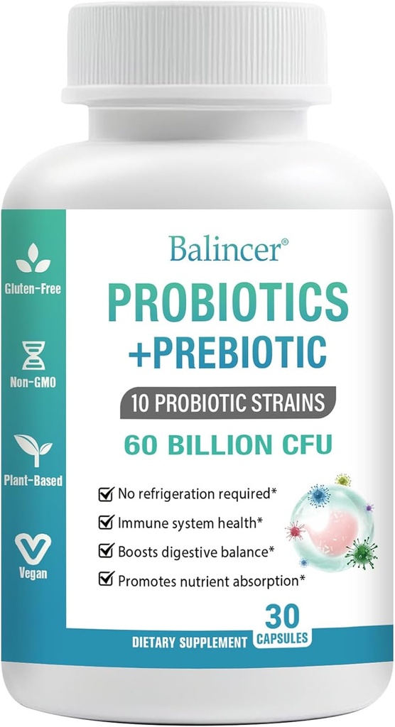 Probiotyki i Organiczne Prebiotyki dla Kobiet i Mężczyzn, 60 Miliard CFU 10 Szczeliny, Wsparcie Digestive & Gut Zdrowie, Gaz & Bloating, 30 Kapsułki