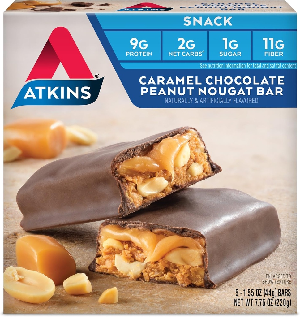 Atkins Karmel Czekoladowy Peanut Nougat Snack Bar, Przekąski białkowe, Wysoka w Fiber, 2 g cukru, Keto Friendly, 5 Hrabia