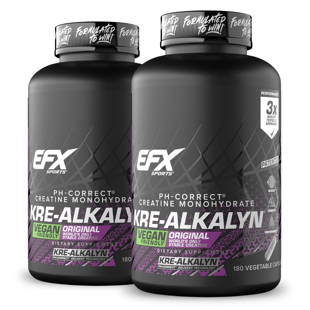 EFX Sports Kre- Alkalyn EFX 124; pH Prawidłowy monohydrat kreatora suplement pióra 124; Wegański przyjazny 124; Siła & Muscle wzrostu 124; 90 Sługi, 180 Kapsułki wegetariańskie (Opakowanie 2)