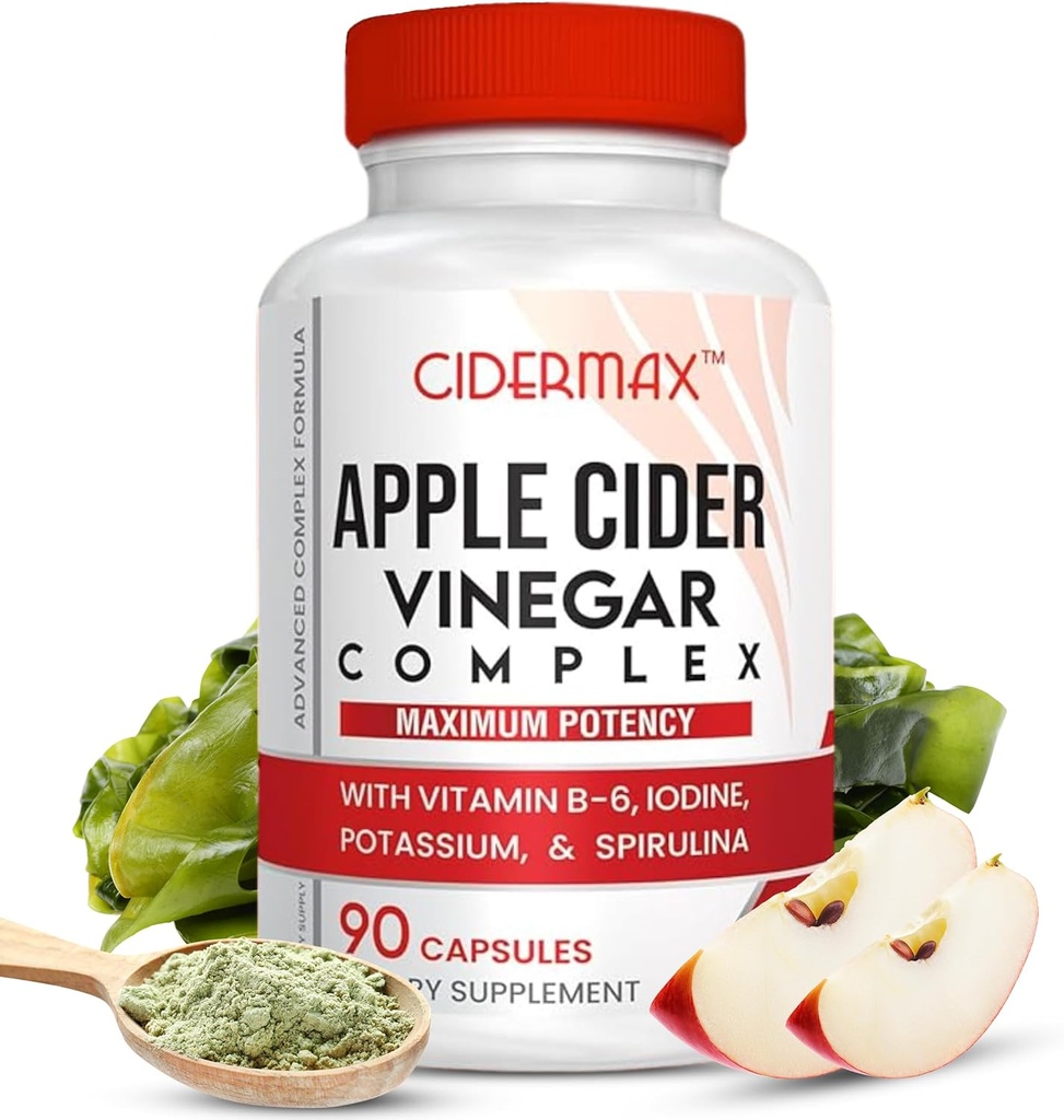 Jabłko Cydr Ocet złożone kapsułki - 90- Day Supply Kapsułki dla wsparcia Gut, Zbalansowany Waga & Detox ciała - Wszystkie naturalne witaminy B6, Kelp, Potas, & Spirulina Suplement przez Cidermax