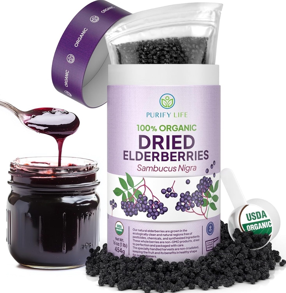USDA Organic Suszone Elderberry 1lb luzem (Bezpieczne opakowanie, Resealable Bag, BPA- Free Scoop) Naturalne, nienapromieniowane, Surowy cały czarny Elderberry, Wsparcie immunologiczne, zrobić Sambucus Elderberry Syrop, 1 funt