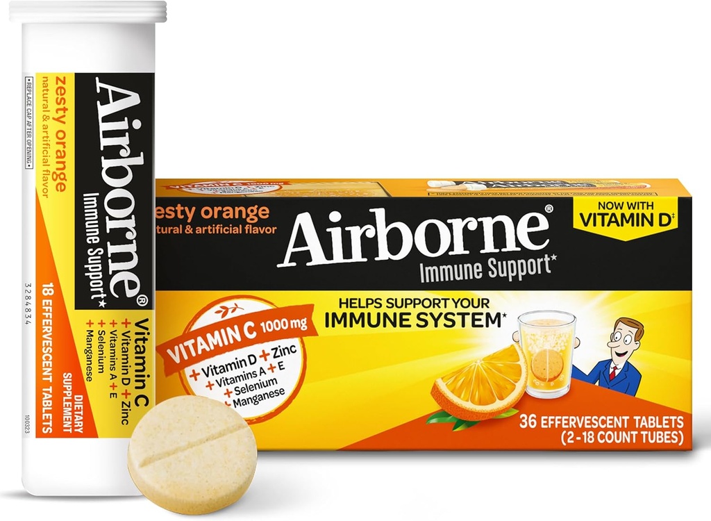 Witamina C 1000mg (na porcję) - lotne Zesty Pomarańczowe tabletki musujące (36 liczeń w pudełku), Bezglutenowy suplement immunologiczny z witamin A C E, ZINC, Selenium, Echinacea & Ginger