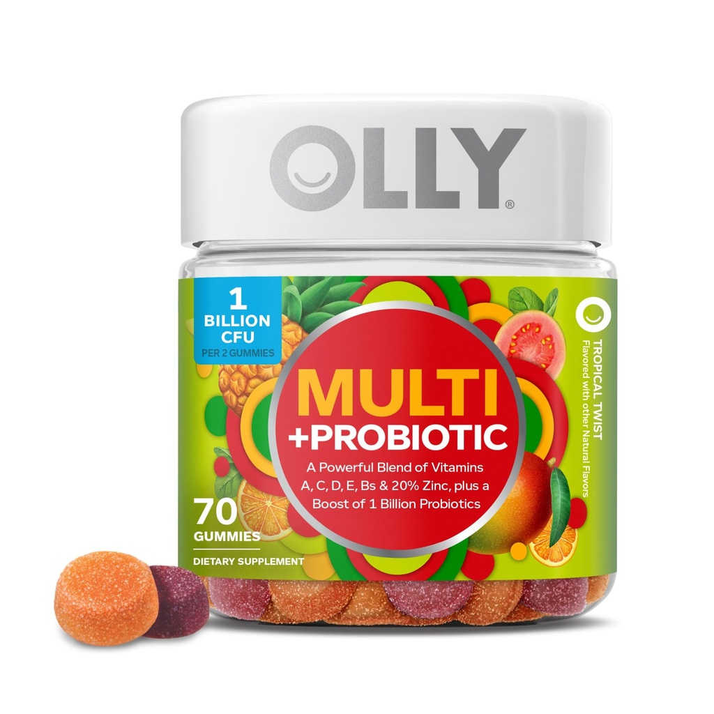 OLLY Multi + Probiotic Adult Multivitamin Gummy, Digestive and Immune System Support, * Suplement do żucia, Tropical Flavored, 35 Day Supply - 70 Count