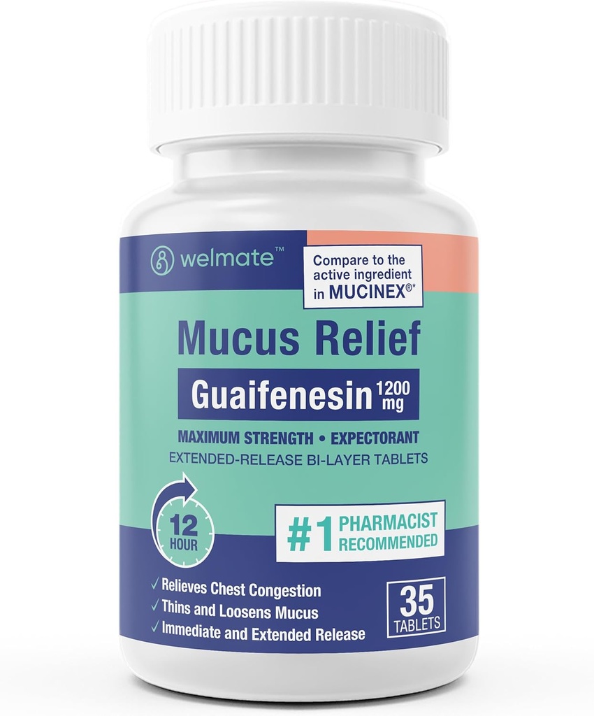 WELMATE - Guaifenesin 1200mg (35 tabletek) - Mucus Relief - Expectorant - Cough & Cold - 12 Hr Support - Extended- Release Bi- Layer Tablets - Over- The- Counter Medication
