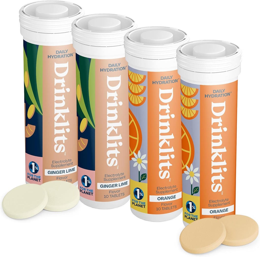 Drinklits Ginger- Lime & Orange Electrolyte Tablets (4) Korek rurowy 124; Codzienne Nawodnienie Combo Pack 124; Pyszne naturalne aromaty - 0g Cukier 124; 40 Słupki - 10 Tabletki na rurkę