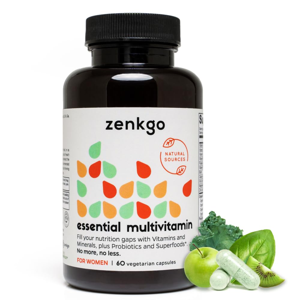Zenkgo Multivitamins + Organic Whole Foods + Probiotyki dla Kobiet, Wspiera odporność, trawienie, Energia, Gut Health, Witaminy A, E, B6, B12, Wegan D3, K2 (MK- 7), Folate, Minerały, Superfoods (60Ct / 30Day)