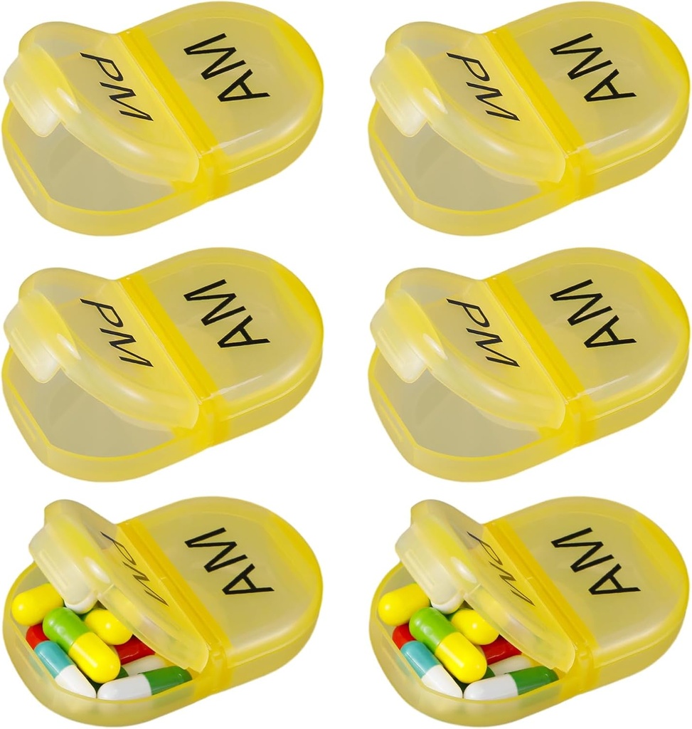 6 Pack Pill Organizer Pocket Small Case Holder Am Pm Pill Case Przenośne dwa Commodation Round Travel 2 razy dzień na suplement witaminy (żółty)