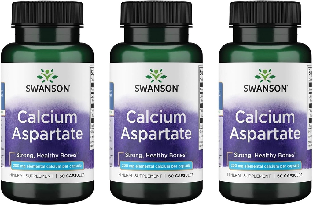 Swanson Wapnia Asparaginian - Suplement ziołowy Promowanie kości, serca, i zdrowia mięśni - Naturalna formuła Promowanie całkowitej odnowy ciała - (60 Capsules- 200 mg każdy) (3 opakowania)