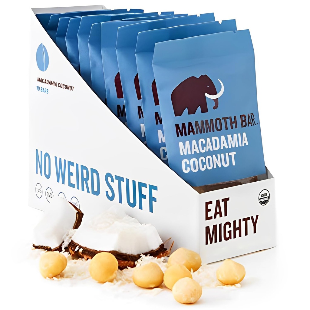 Mammoth Bar Macadamia Coconut Bar - 10 Barów z białkami organicznymi - High Fiber • Paleo • Gluten Free • Białko jaj • GMO Free • Raw • Premium Nuts • Prebiotyczne