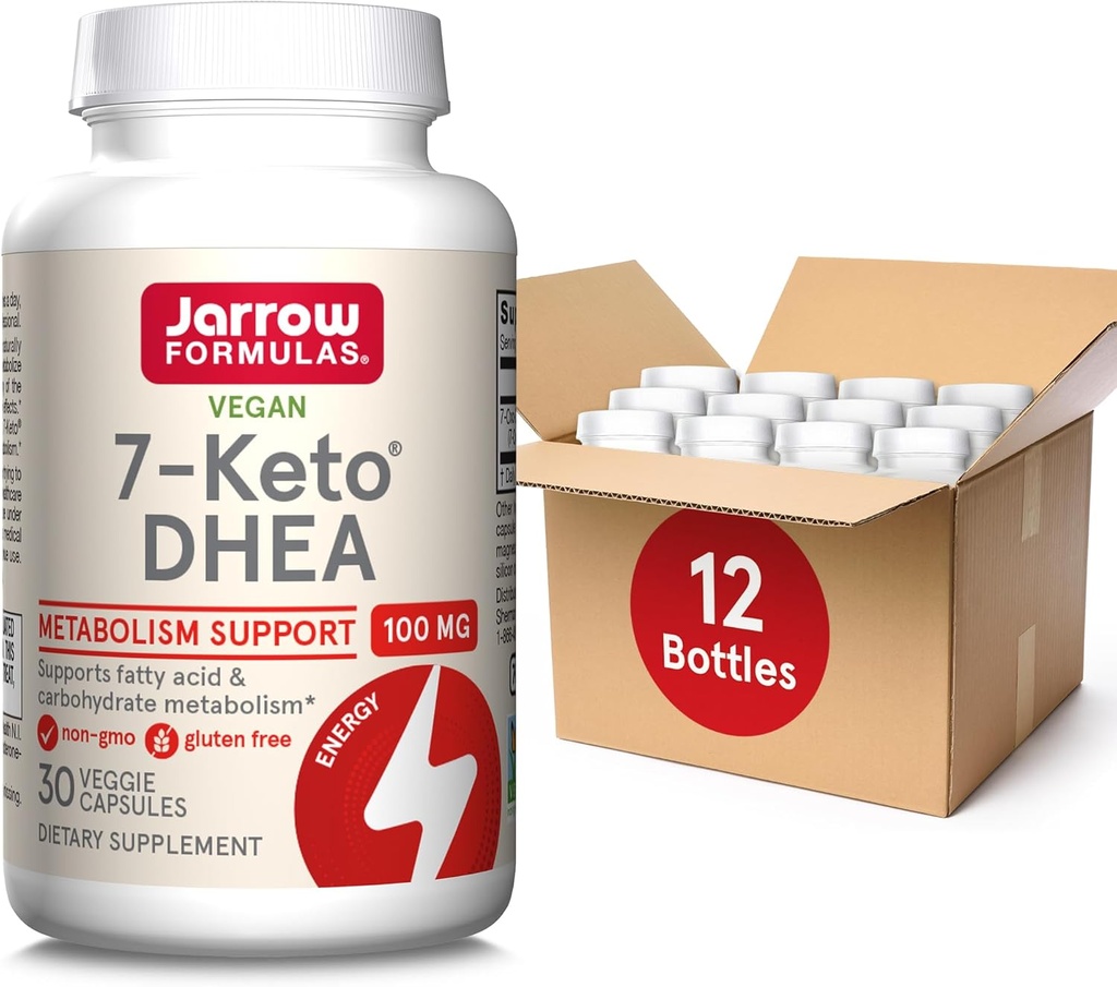 Jarrow Figuras 7- Keto DHEA 100 mg, Suplement diety dla kwasów tłuszczowych i węglowodanów wsparcia metabolizmu, 30 Kapsułki wegetariańskie, 15- 30 Day Supply, Opakowanie 12