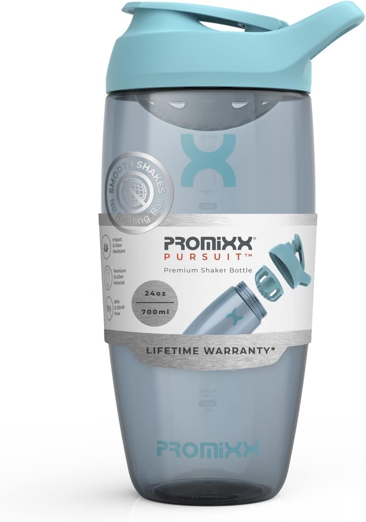 Promixx Pursuit Protein Shaker Butelka (24 oz) - Silent No- Ball Mixer, Leak- Proof Lid, BPA / BPS & Phthalate- Free ECOZEN - Easy- Clean Shaker Cup for Protein Shakes, Pre & Post- Workout Smoothies