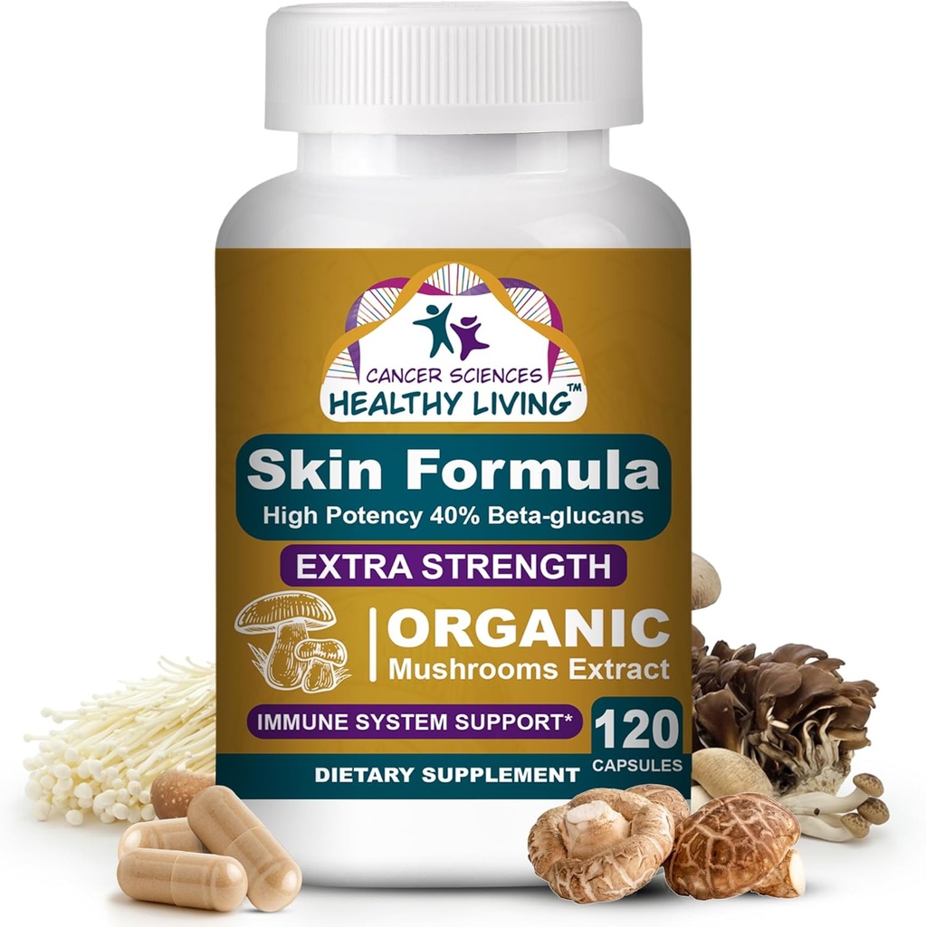 Rak Sciences Skin Wellness Supplement, USDA Certified Organic Extract Mushrooms Supplement, Dodatkowa moc 1500 mg, Wysoka potencja 40% Beta- Glukany, Wsparcie immunologiczne, Glowing Complexion, 120 Kapsułki