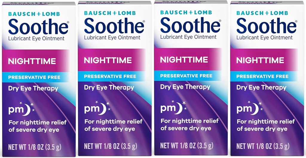 Pomaganie oczami przez Bausch & Lomb, Lubrykant Relief dla suchych oczu, Nawilżanie i Wygodna Nocna Sucha terapia oczu, Nadaje się do wrażliwych oczu, Bez środków konserwujących, 3,5 g - 4 Pack