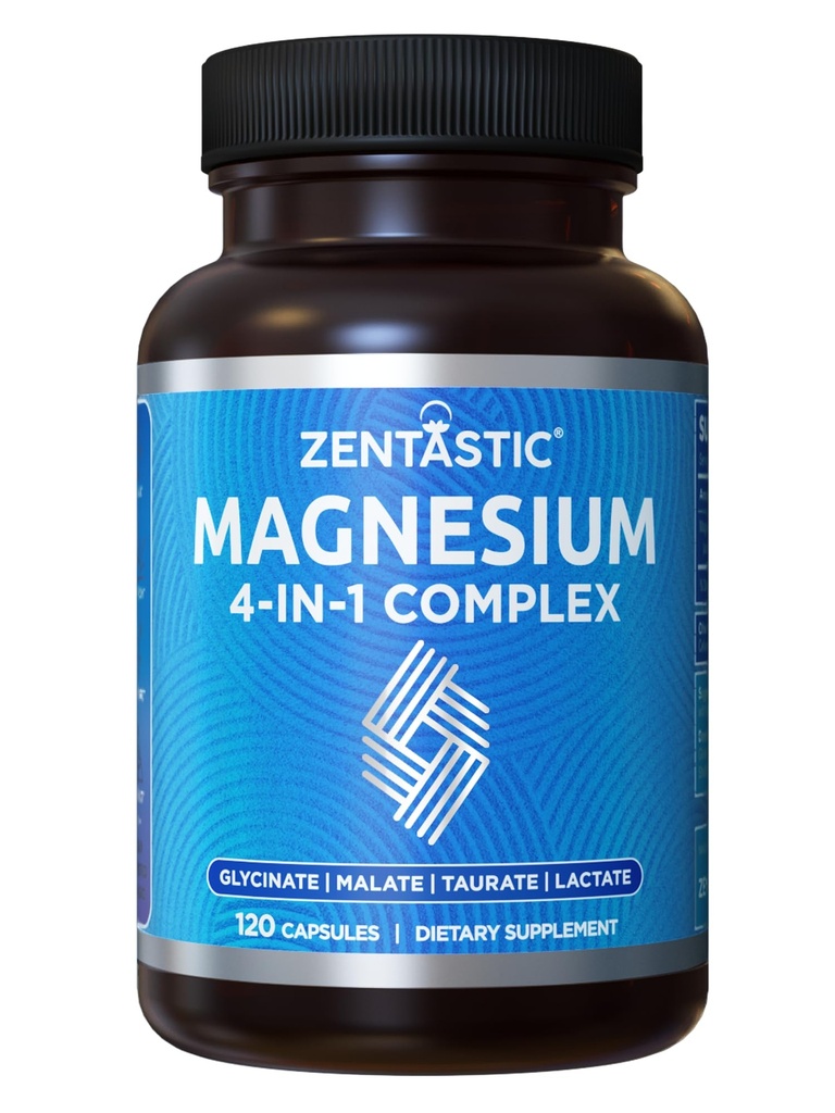Zentastic Magnezu Complex 4- in-1 Suplement - Glicynian magnezu, jabłczan, taurat i laktat - Chelated Wysoka Wchłanianie Nerwów, Mięśnie, Kości i Wsparcie immunologiczne - 120 Kapsułki