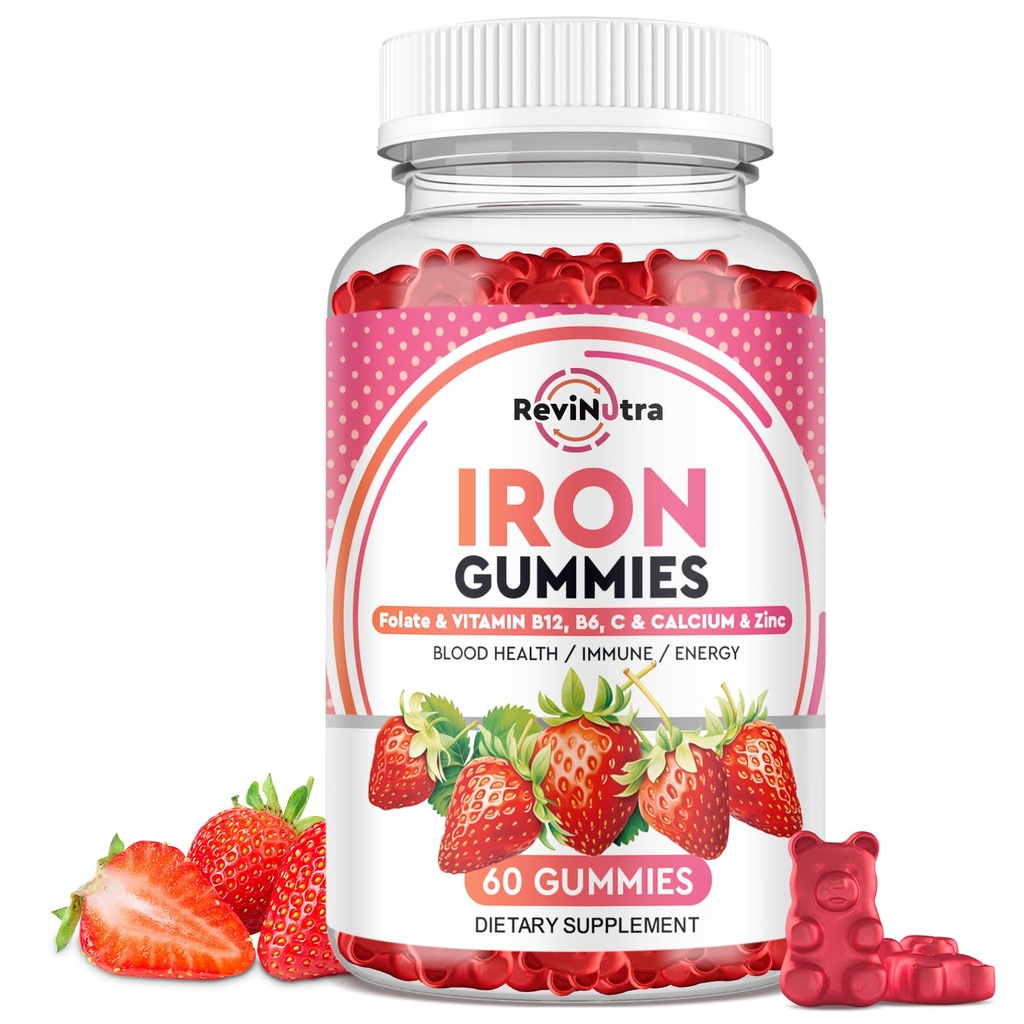 Żelazne żeberka - z wapniem, cynkiem, folianem i witaminą B12, C, B6 dla dorosłych i dzieci - Blood Builder & Energy Support for Iron Deficiency, Anemia, Wegan - 60 Gummies