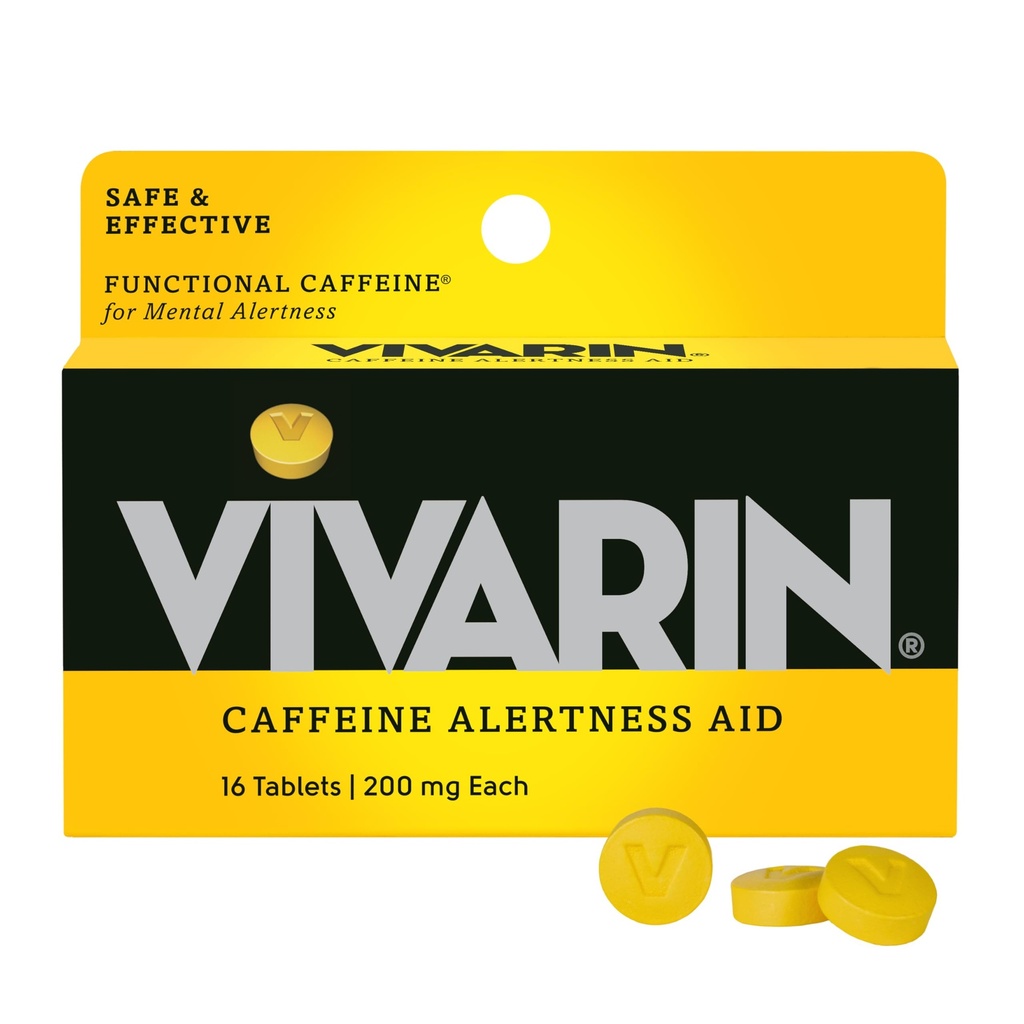 Vivarin, Kofeina Pigułki, 200mg Kofeina na dawkę, Bezpiecznie i skutecznie pomaga Ci pozostać przed, Bez cukru, Kalorii lub ukrytych składników, Suplement energii, 16 Tabletki