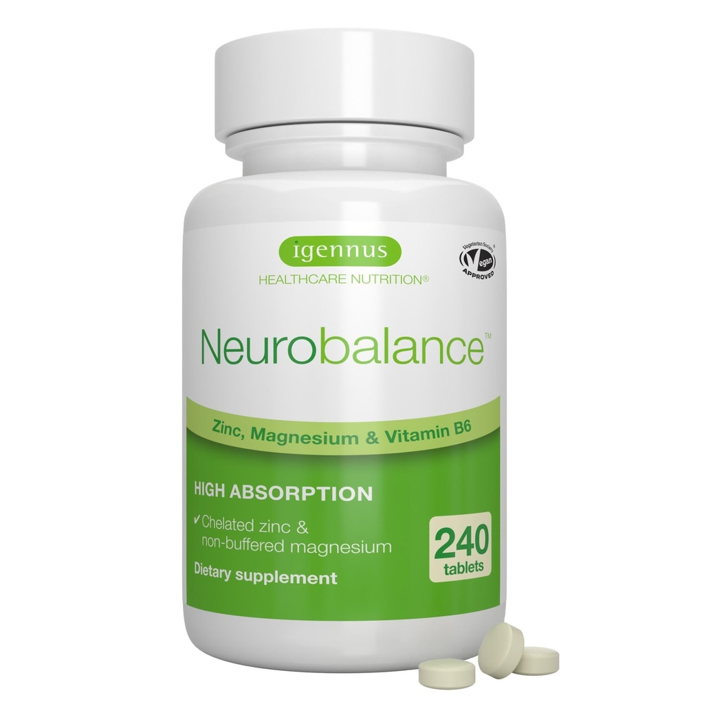 Igennus Neurobalance Wysoka Absorpcja Cynk Magnezu & B6 Complex, Wsparcie kognitywne, Focus & Odzysk mięśni, 24mg Chelated Pikolinian cynku, All Day Nutricent Delivery, Wegan, Non-GMO, 240 Tabletki