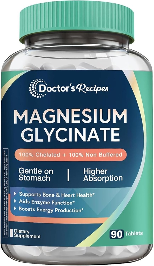 Przepisy lekarskie Magnezu Glicynian, Chelated Magnezu z wysoką absorpcją i niebuforowane, Easy on Stomach, No gluten, Kości, Nerve & Wsparcie energetyczne, 90 Tabletki