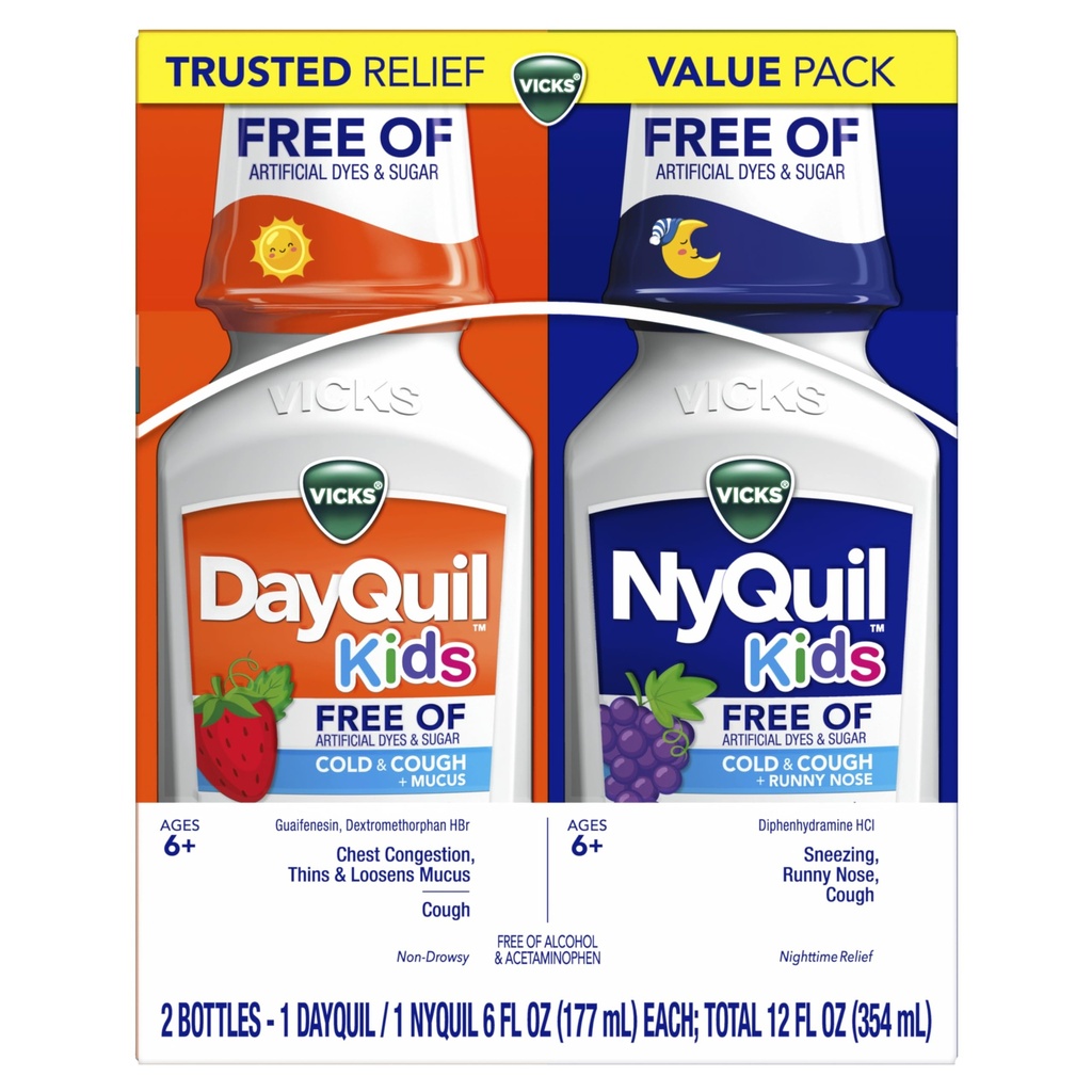 Vicks Kids DayQuil & NyQuil Cold & Cough Relief Liquid Co- Pack, Free of Sztuczne barwniki i cukier, Multi- Symptom Relief of Cough, Sneezing, Runny Nose, Mucus, and Chest Congestion, for Ages 6 +, 2x6oz