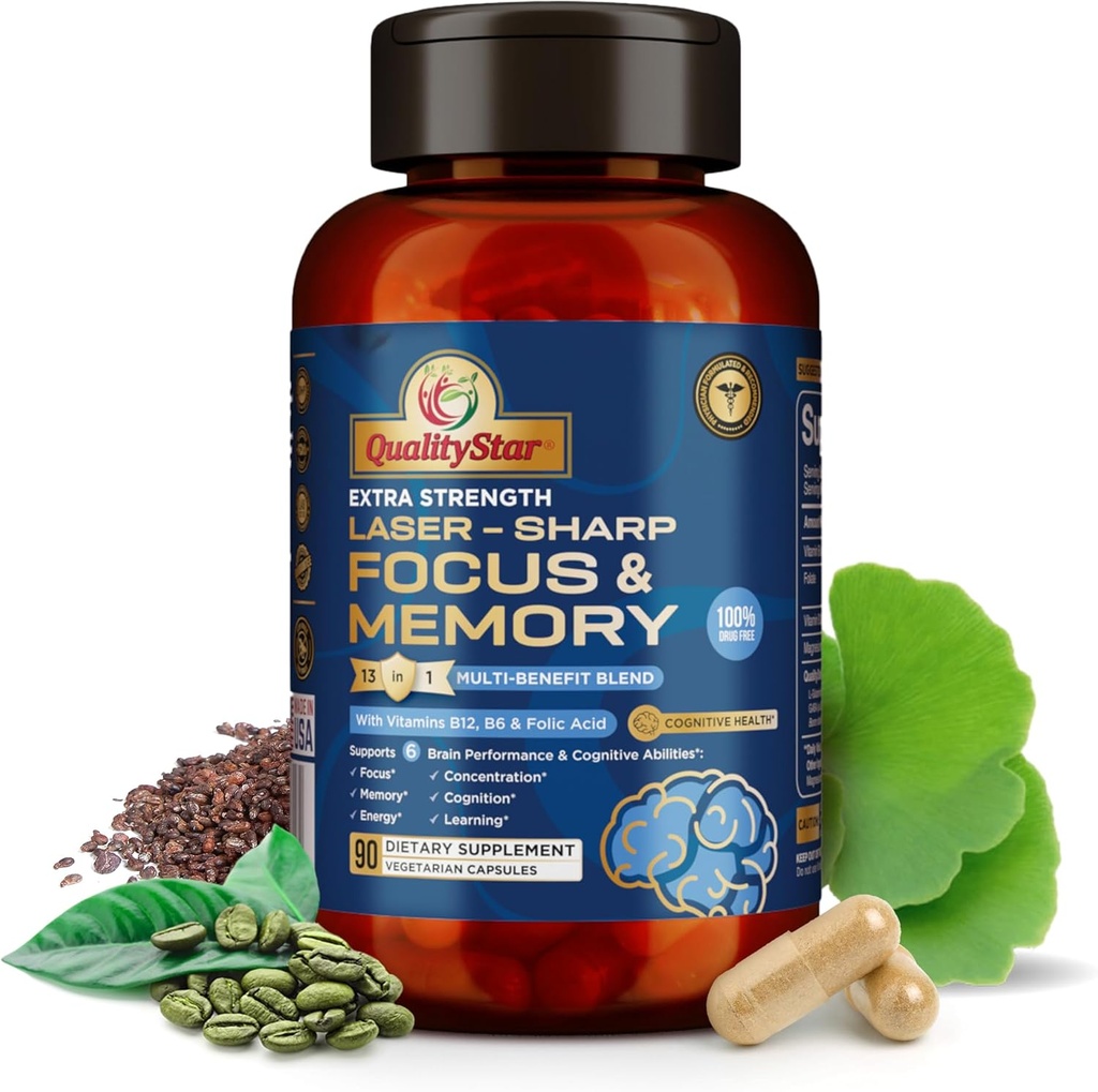 Focus and Memory Vitamin, 13- in1 Multi- Mieszanka korzyści dla Cognitive i zdrowia mózgu, Suplement pamięci dla mózgu, 90 Kapsułki wegetariańskie
