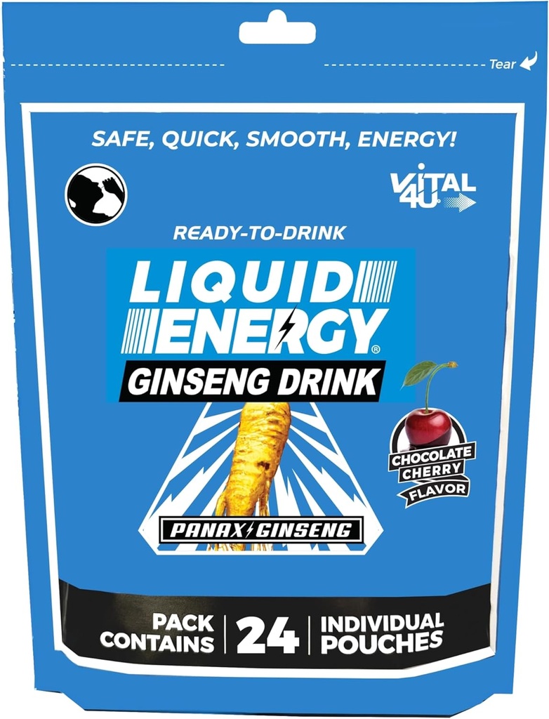 VITAL 4U ® Liquid Energy Shot - Ginseng, naturalnie Sweetened, Czekoladowy Flavor Wiśniowy, 24 szt.
