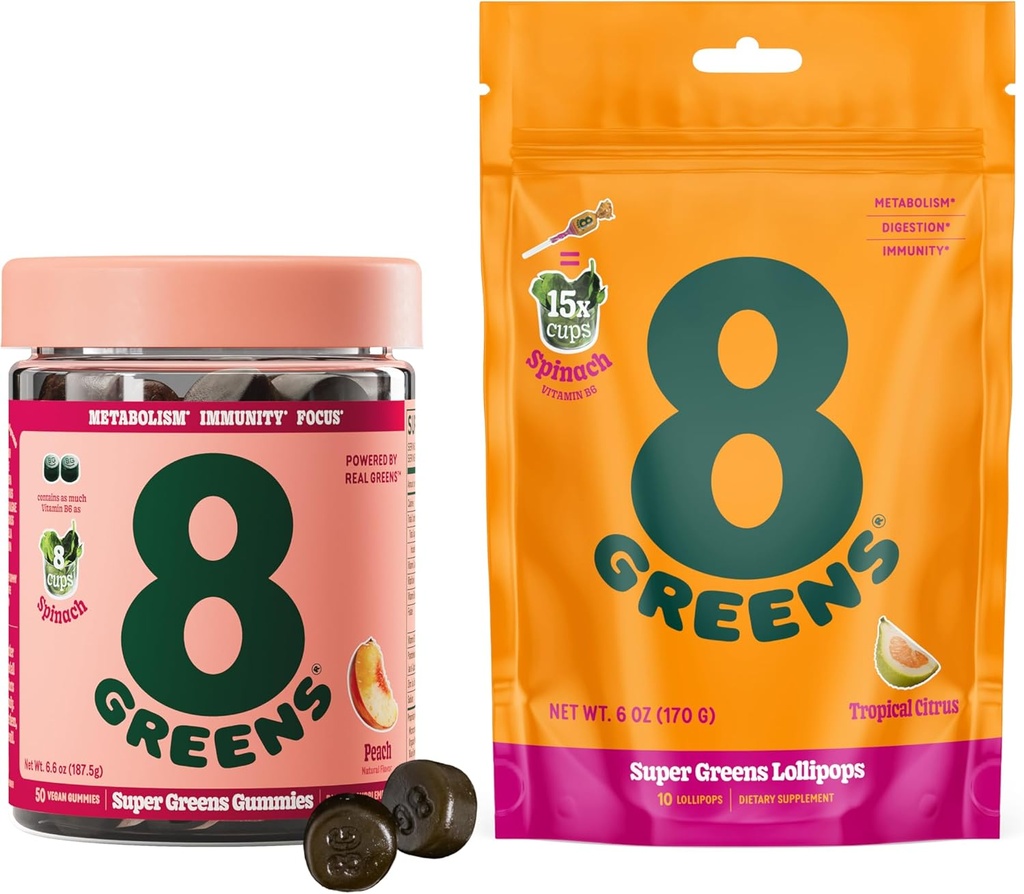 8Zieloni Codzienne Gummies i Lollipops, Energia & Wsparcie immunologiczne, Gluten- Free, Wegan, Non-GMO, Brak sztucznych kolorów i aromatów