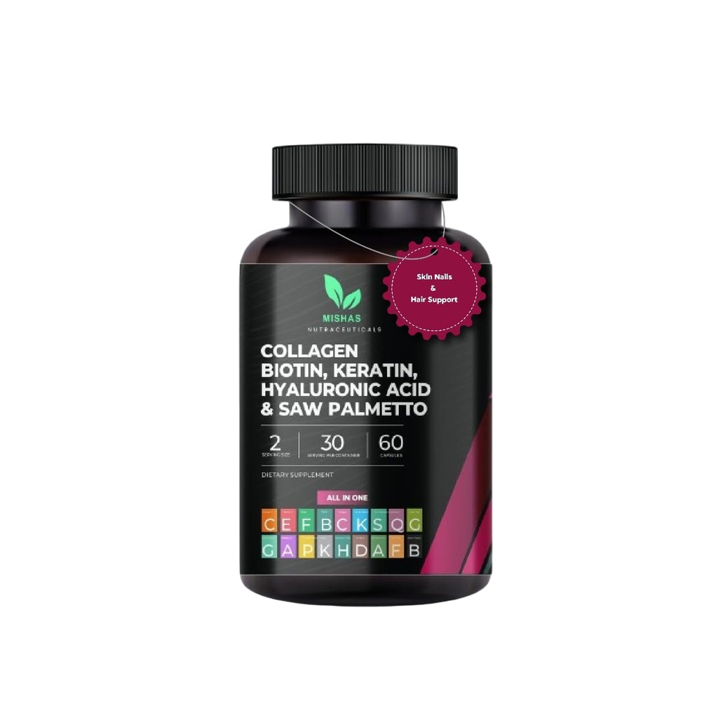 Multi Collagen Hair Pills - Biotin 10,000mcg, Keratin & Kwas hialuronowy - Wzrost włosów - Włosy skóry i paznokci Vitamin & DHT Blocker - Witamina E Kwas foliowy Nasienie dyni MSM, Saw Palmetto 60 Kapsułki wegańskie